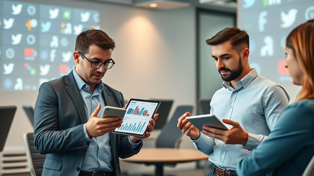Professional marketing team analyzes social media advertising data on digital devices in a modern office setting with projected icons.
