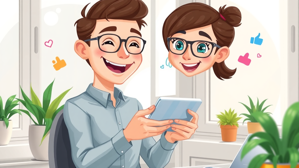 Modern social media marketer using smartphone to post content in a cozy office, with sharing and like icons floating around.