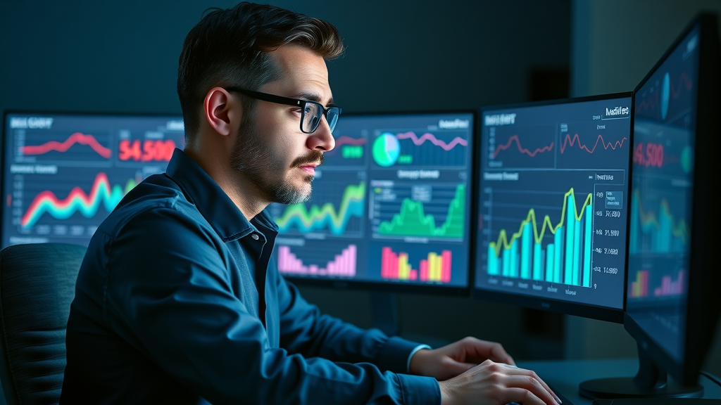 Focused digital marketer reviewing segmented audience charts for social media ads on dual monitors.