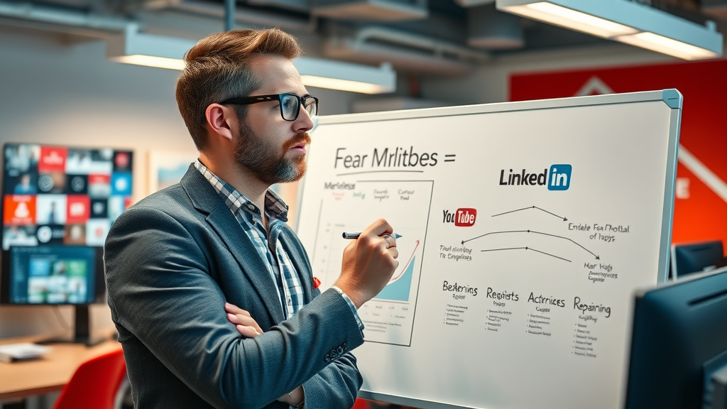Advertising consultant comparing YouTube ad and LinkedIn ad strategies on a whiteboard in a tech office.