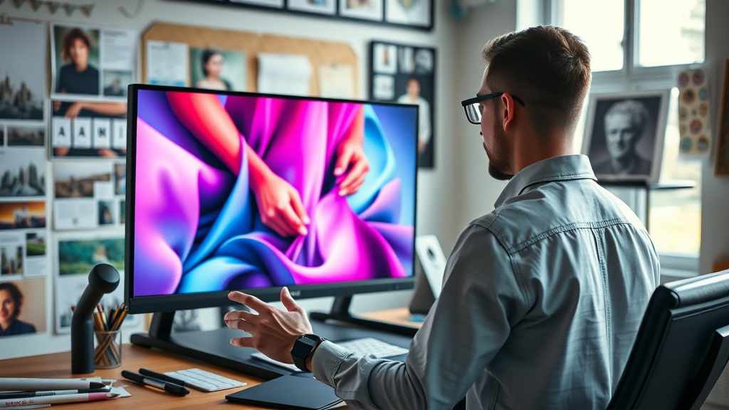 Creative designer working on vibrant social media ad campaign visuals on a large monitor in a studio.
