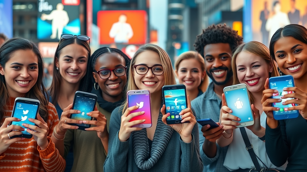 Diverse group holding smartphones showing social media apps with digital billboards in a city background.