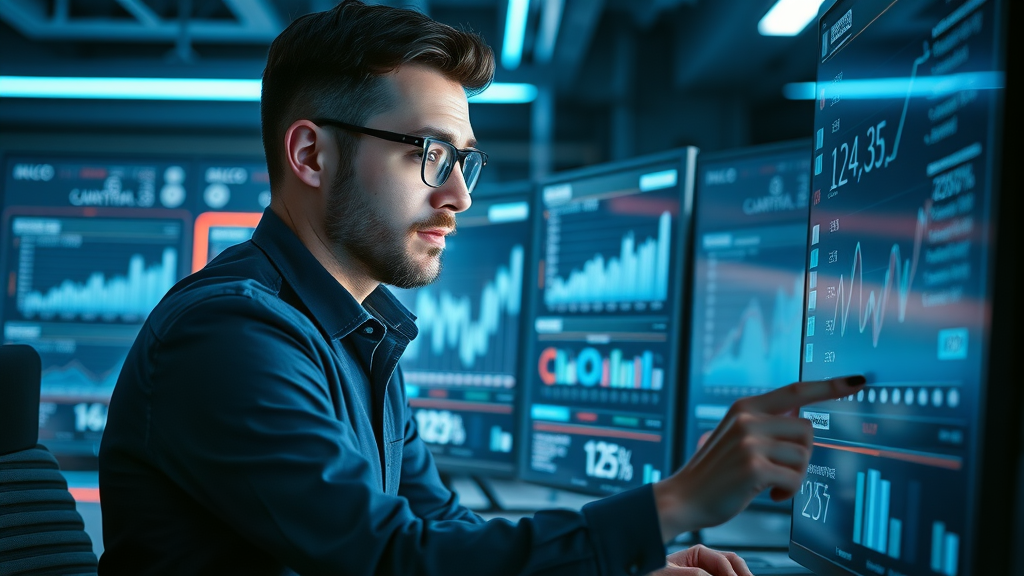 Focused marketing manager analyzing social media advertising KPIs and conversion rates on large dashboard.