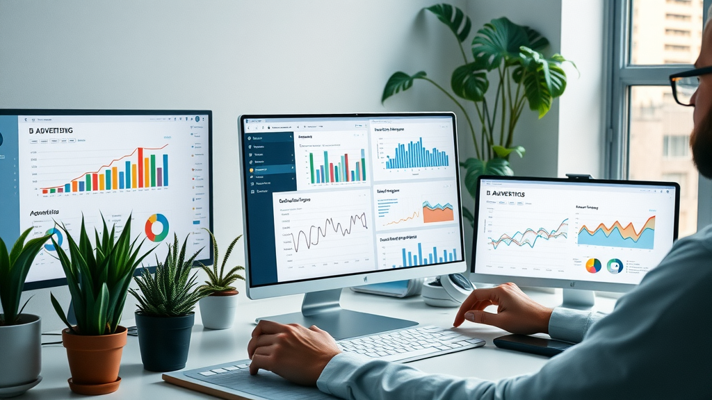 Trendy workspace featuring multiple open advertising and analytics tool dashboards on a sleek desktop.