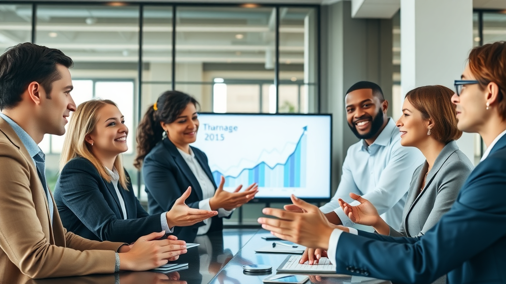 Content marketing strategy - inspirational business team meeting, diverse professionals engaged in strategy discussion with digital screens showing upward-trending graphs, modern office, natural daylight