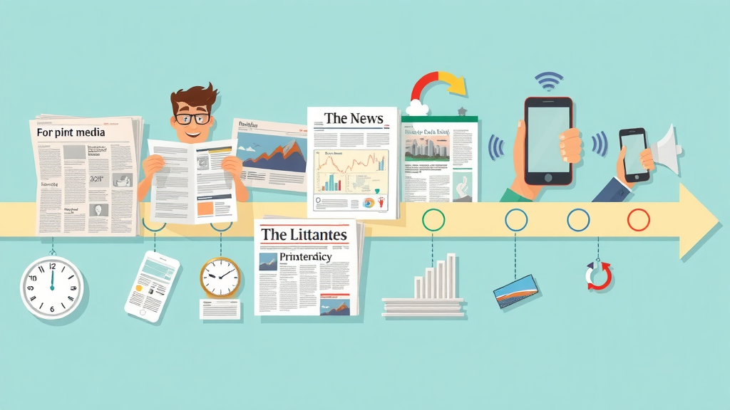 Evolution of digital marketing from print to digital channels timeline illustration