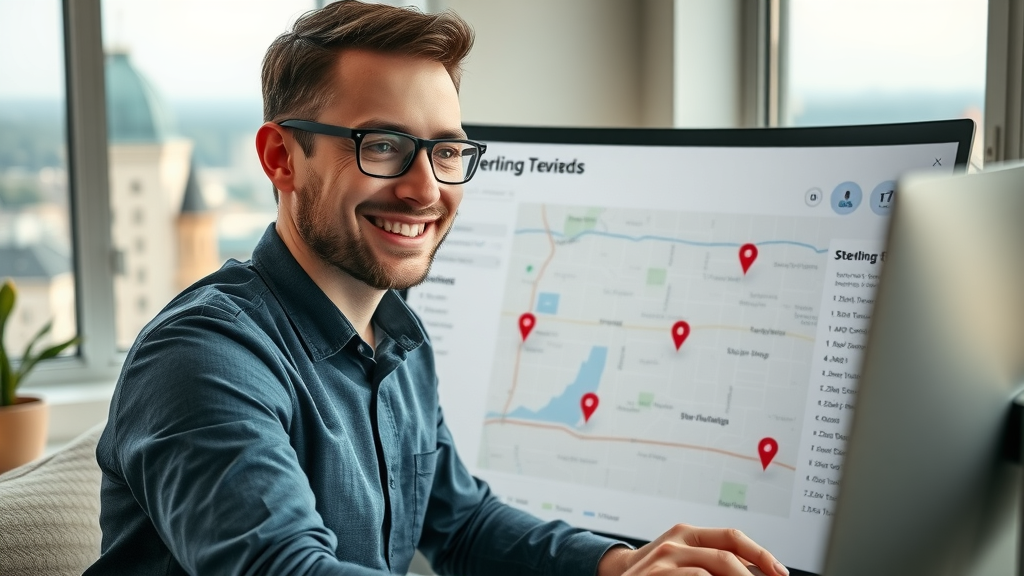 Marketer analyzing Sterling Heights map and SEO data overlays for local digital marketing