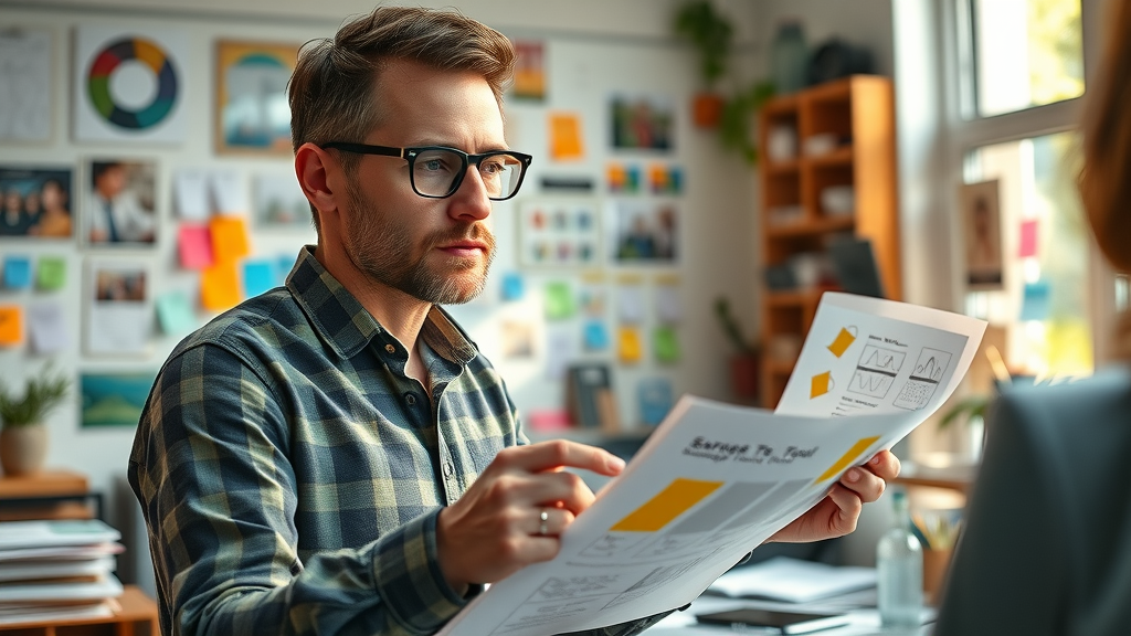 Sterling Heights content creator planning marketing strategy, post-its and sketches, lively creative studio