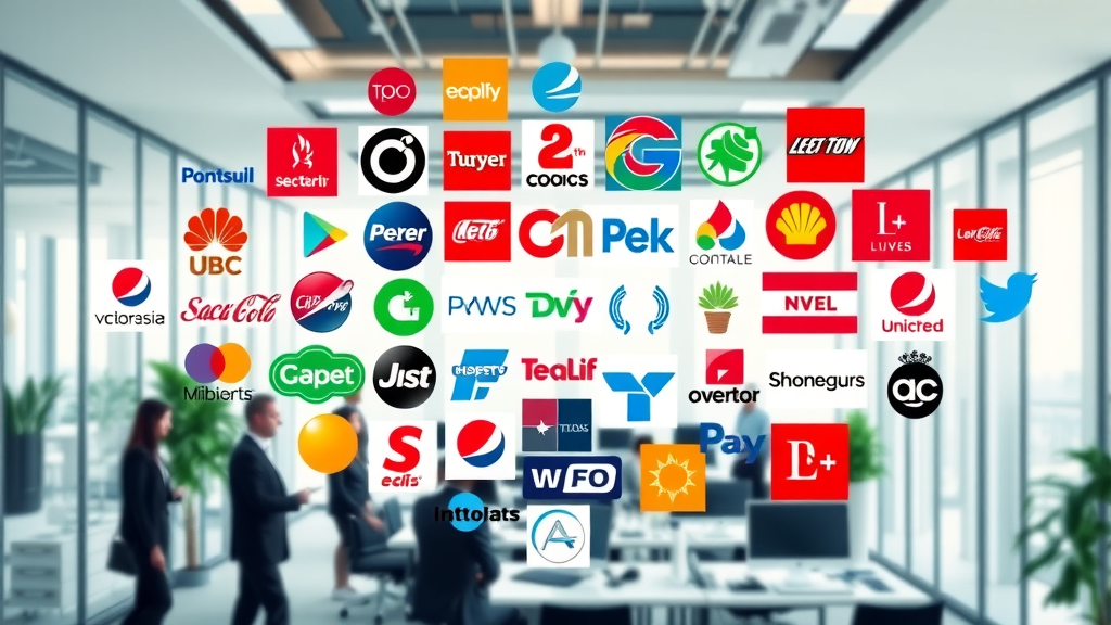 brand identity dynamic collage of iconic global brand logos, confident and visually appealing, visually showcasing variety, sense of business growth, vibrant full color, modern office background, crisp clean edges, bright natural lighting
