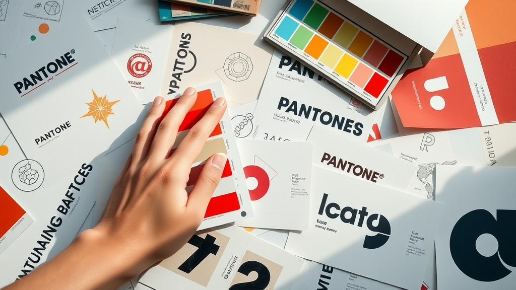 brand identity creative flat-lay of logo sketches, color swatches, and typography samples, hand adjusting Pantone palette, contemporary designer workspace, inspired organization, harmonious color, soft sunlight