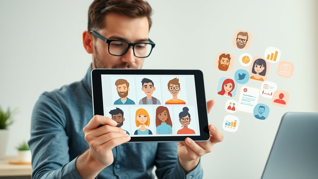 brand identity user personas displayed on digital tablet, marketer reviewing diverse customer avatars, animated charts, minimalist workspace, complementary pastel colors