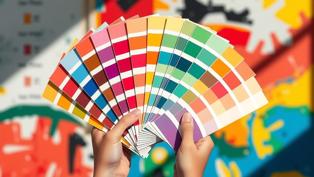 brand identity array of vibrant color palettes fanned out, designer’s hands holding palette cards, vivid rainbow spectrum, high fidelity, abstract studio background