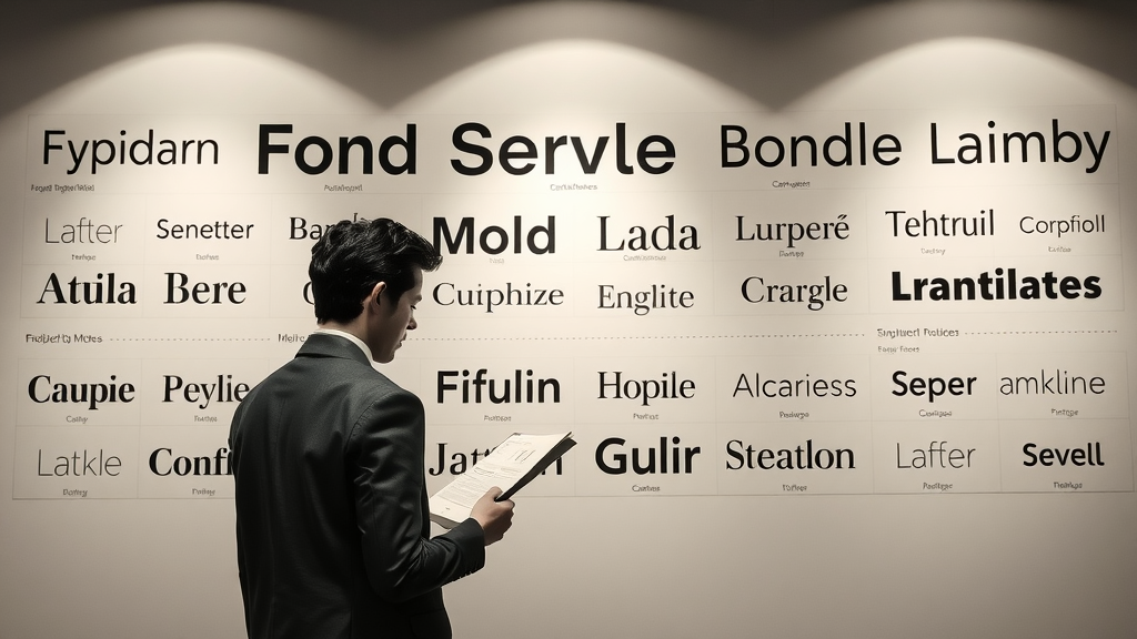 brand identity elegant typography wall with famous brand typefaces, minimalist gallery-style, refined sans-serif and serif fonts, monochrome neutrals