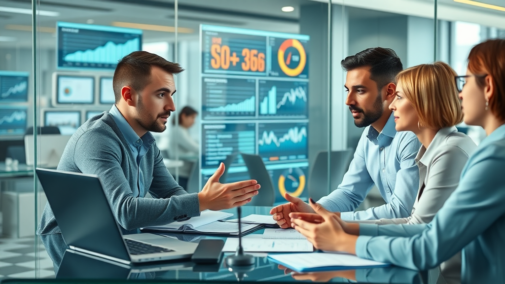 Content marketing team analyzing marketing data in a modern office with digital screens displaying statistics