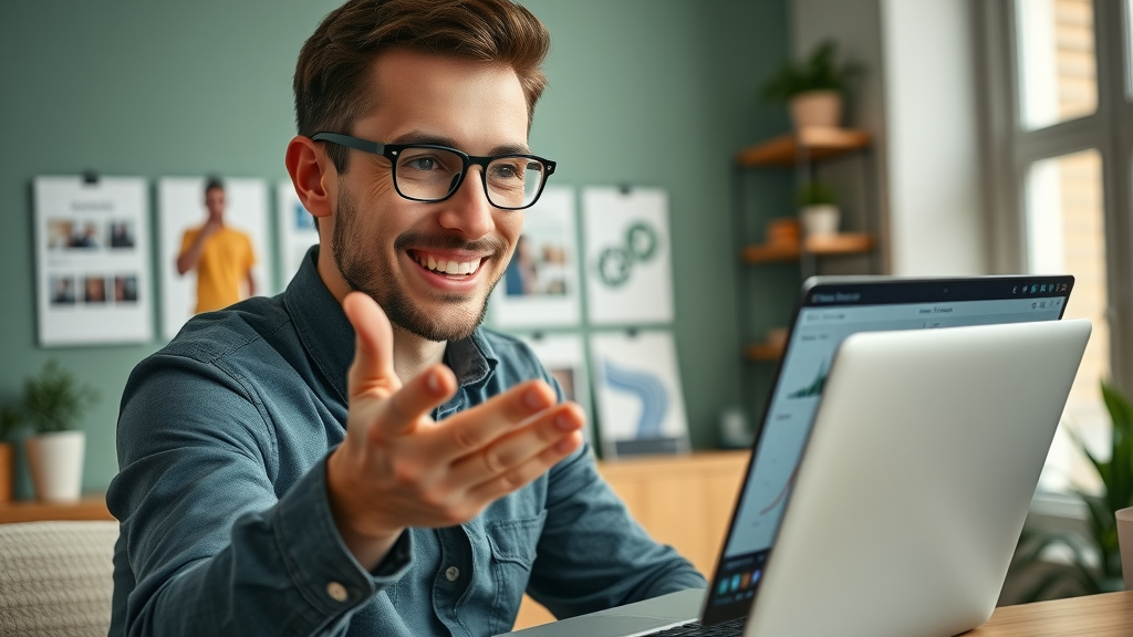 Dynamic digital marketing professional explaining analytics on a laptop as part of content marketing strategy