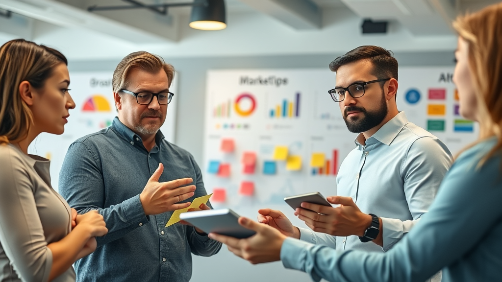 Strategic content marketing planning with team brainstorming ideas using charts and color graphs