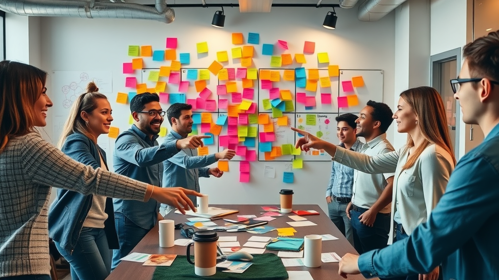 Diverse marketing team brainstorming content ideas on a colorful wall of sticky notes and strategy boards