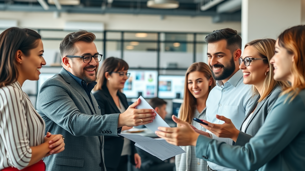 branding professionals collaborating on a brand strategy in a modern office setting, visible branding materials and digital screens, energetic team dynamics