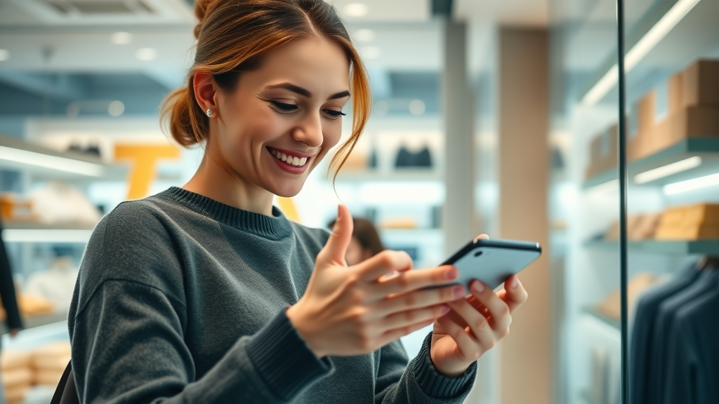 branding example of a smiling customer interacting with a branded product and browsing on a mobile website, contemporary retail environment, clear visual identity
