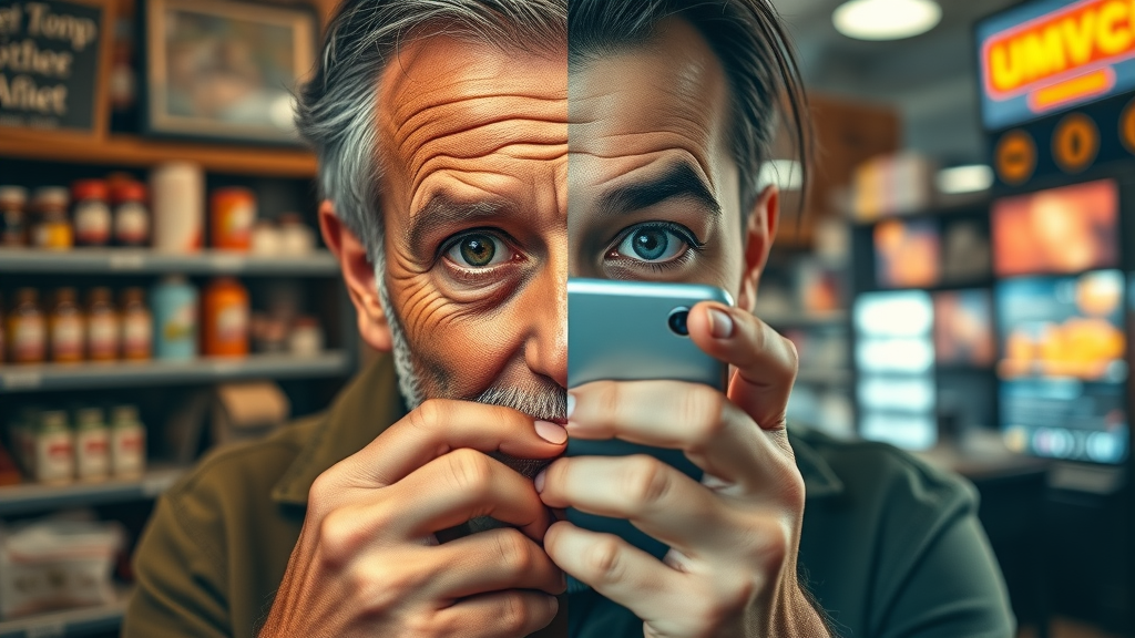 branding visual contrasting old vs modern: split face ad, antique product with old logo transitioning into sleek modern product, vintage to modern branding environments