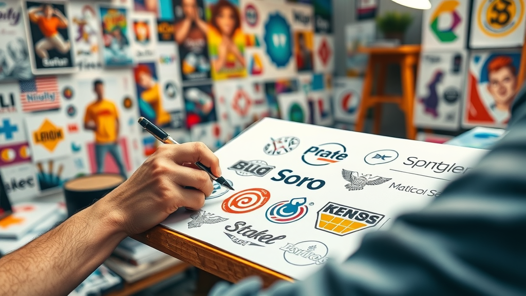 creative designer sketching branding logos, vibrant color palette, visual identity mood boards and digital assets for brand development