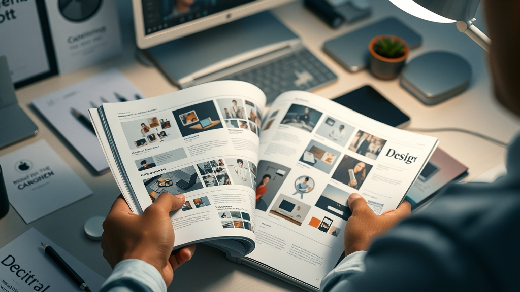 detailed brand guidelines manual open on a modern desk, showing visual templates and clear rules for branding consistency