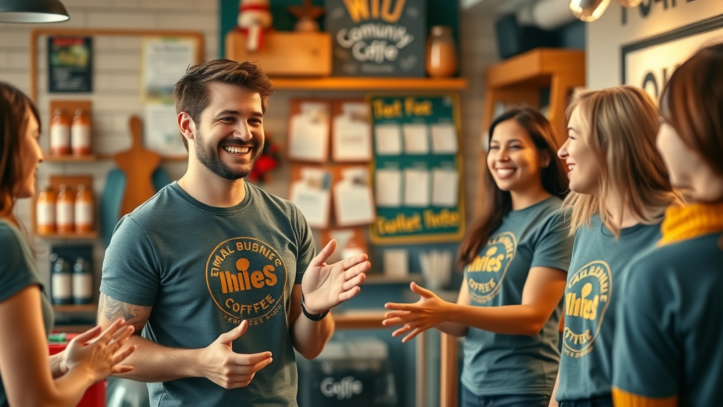 small business team in branded shirts welcoming customers and engaging local community, cozy shop environment