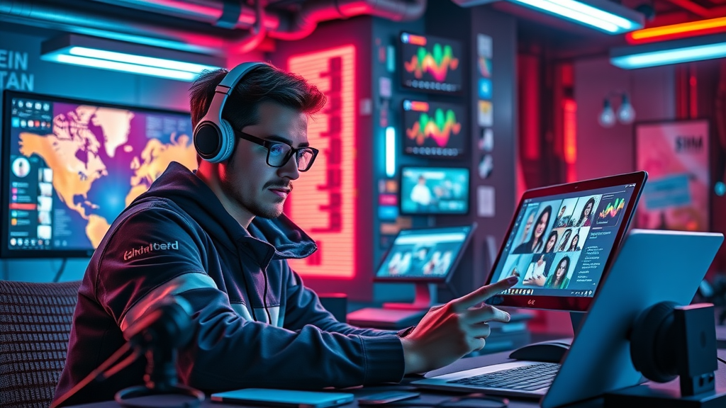 vibrant branding social media post by a content creator engaging with online audience, digital workspace with branding visuals
