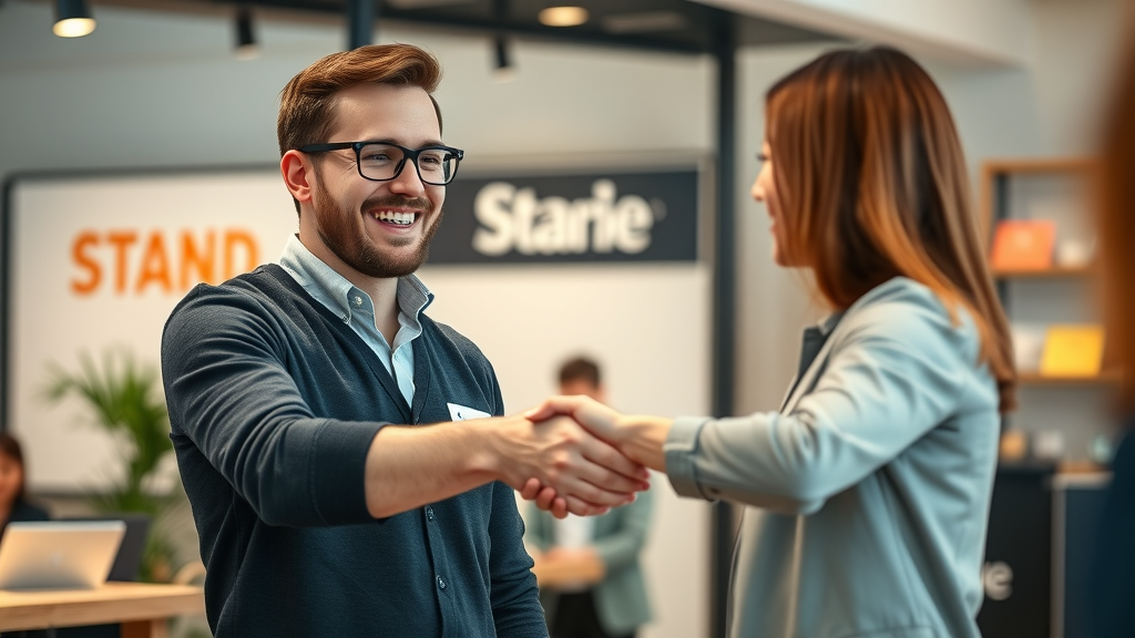 trustworthy brand ambassador shaking hands with happy customer, genuine trust building in a modern branded environment
