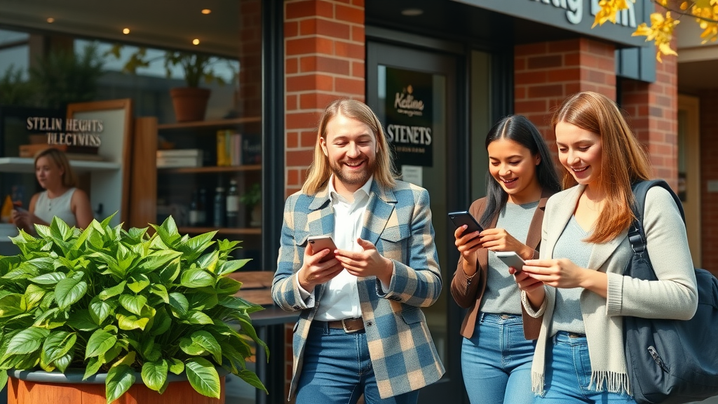 Sterling Heights shopfront with happy customers reading and writing customer reviews