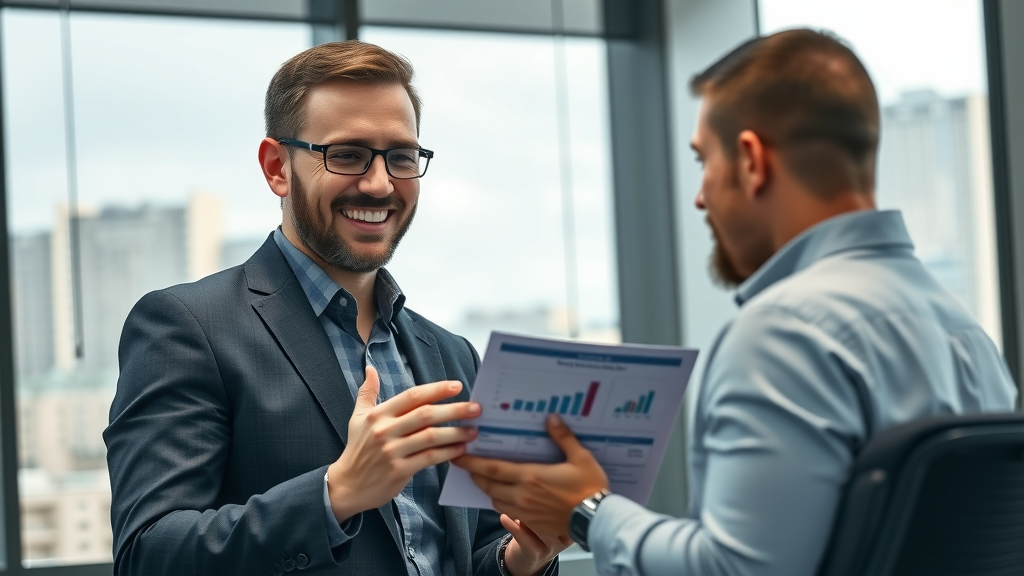 digital marketing consultant presenting reputation management plan with Sterling Heights city view