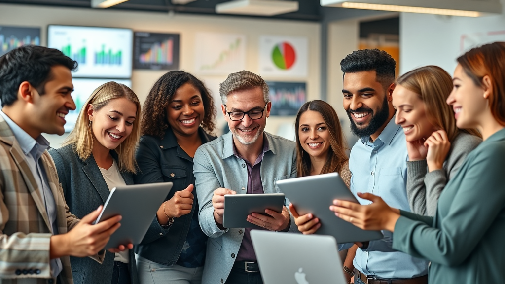 vibrant office workspace, diverse group of marketers collaborating around digital devices, digital content creation agency environment, colorful charts and screens in background, photorealistic, natural gestures with smiling faces, modern media content strategy team