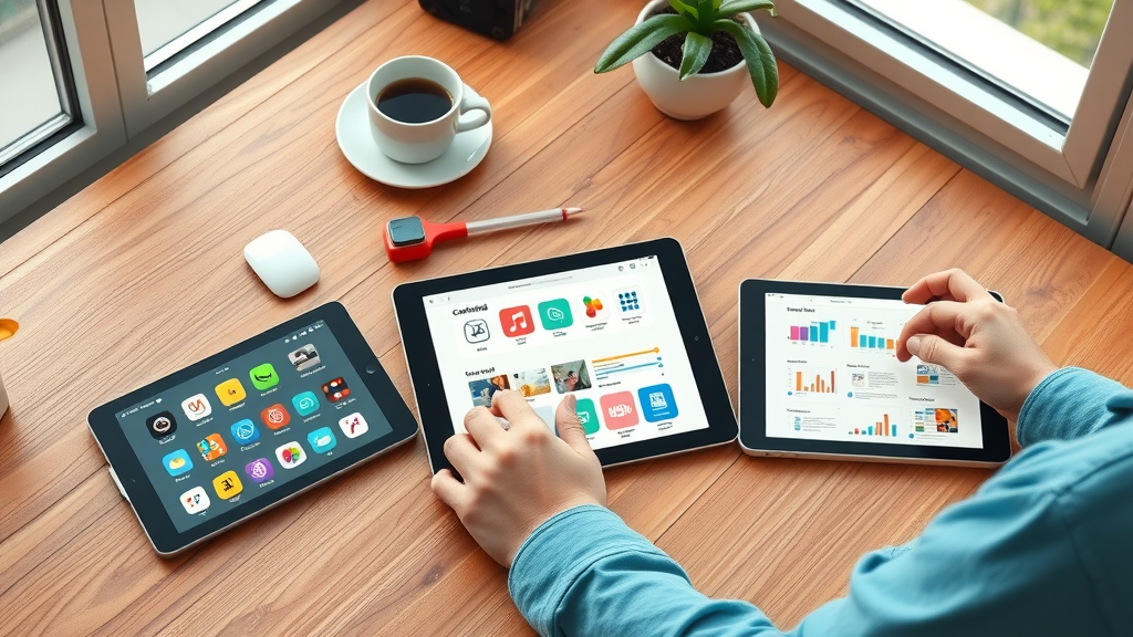 sleek digital devices flat lay showing popular content creation tools, digital content workspace with vibrant tool icons and coffee cup, macros shot, high detail