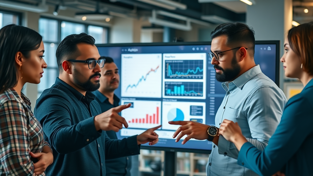 multi-ethnic marketing team analyzing target audience data on large screen, digital content strategy planning, graphs and heatmaps in office, team pointing and discussing