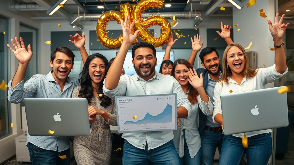 happy creative marketing team celebrating digital content campaign results, confetti, laptops, modern office, digital analytics on screen, vibrant celebration and teamwork