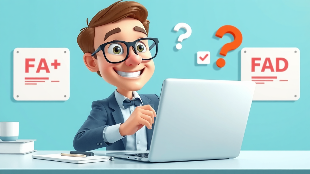 knowledgeable content strategist answering digital content creation FAQs on laptop, FAQ icons around, confident expressive posture, digital content strategy expert