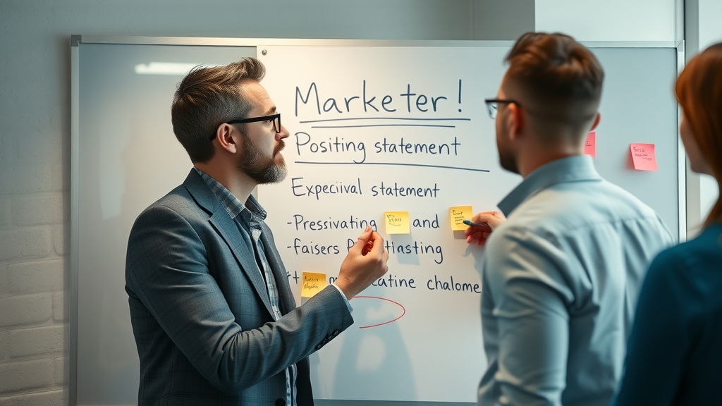 Professional marketer outlining brand positioning statement on a whiteboard in a creative office environment.