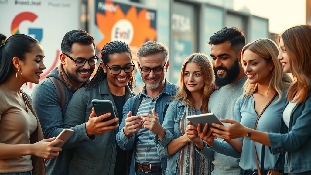 Diverse group of consumers engaging with branded digital devices and billboards, representing various target audience demographics.