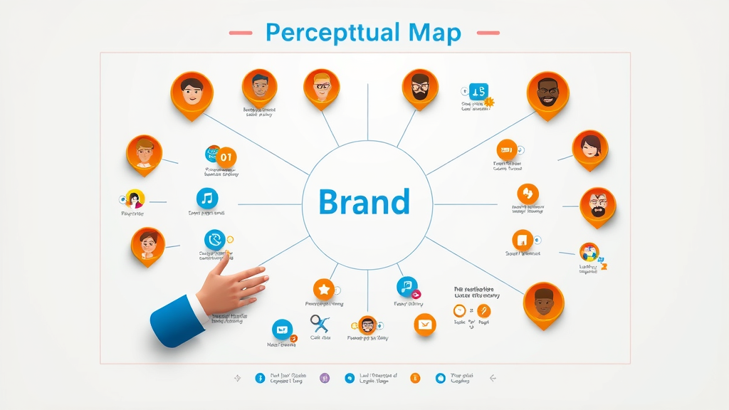 Colorful perceptual map diagram visualizing brand attributes with icons and markers on a white background.
