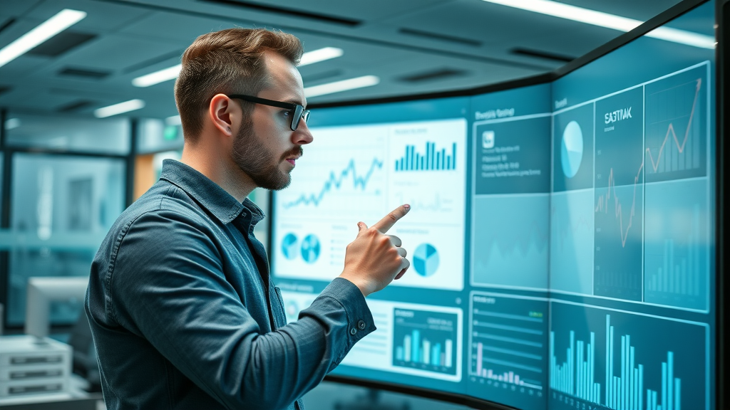 Modern marketer analyzing perceptual map data on a large digital screen in a high-tech office.