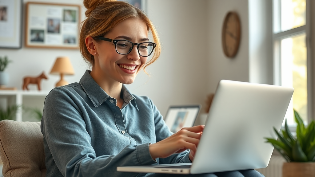 Brand manager analyzing social media feedback and reviews on a laptop in a cozy home office.