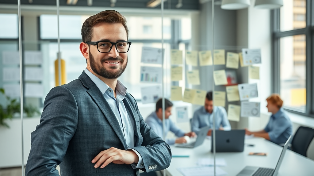 business leader planning brand strategy at a glass board, post-it notes and brand diagrams, confident team in modern office, natural daylight, documents and laptops on table, brand strategy