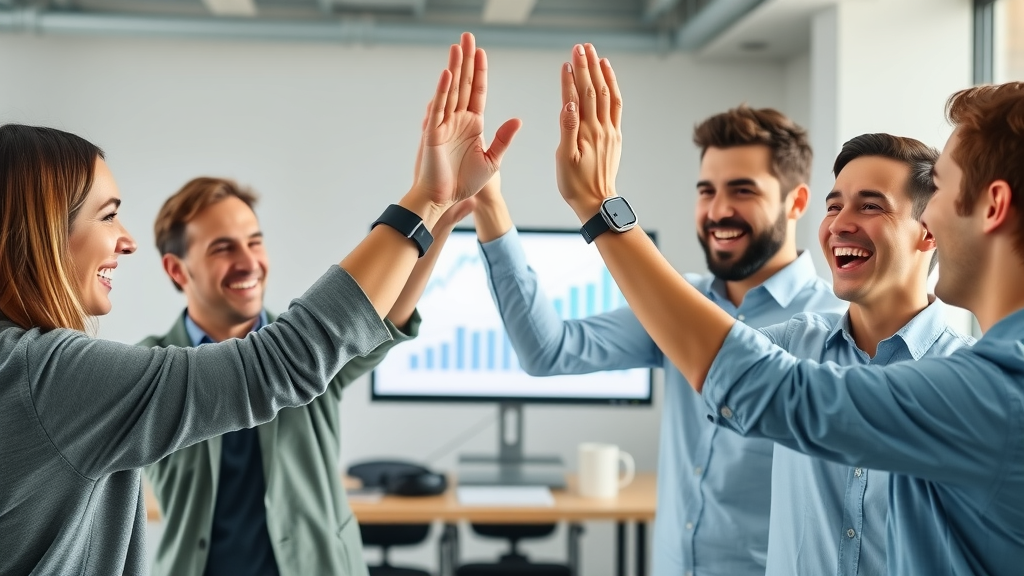 successful start-up team celebrating growth, high-fiving in modern office with upward trend graph, brand strategy success