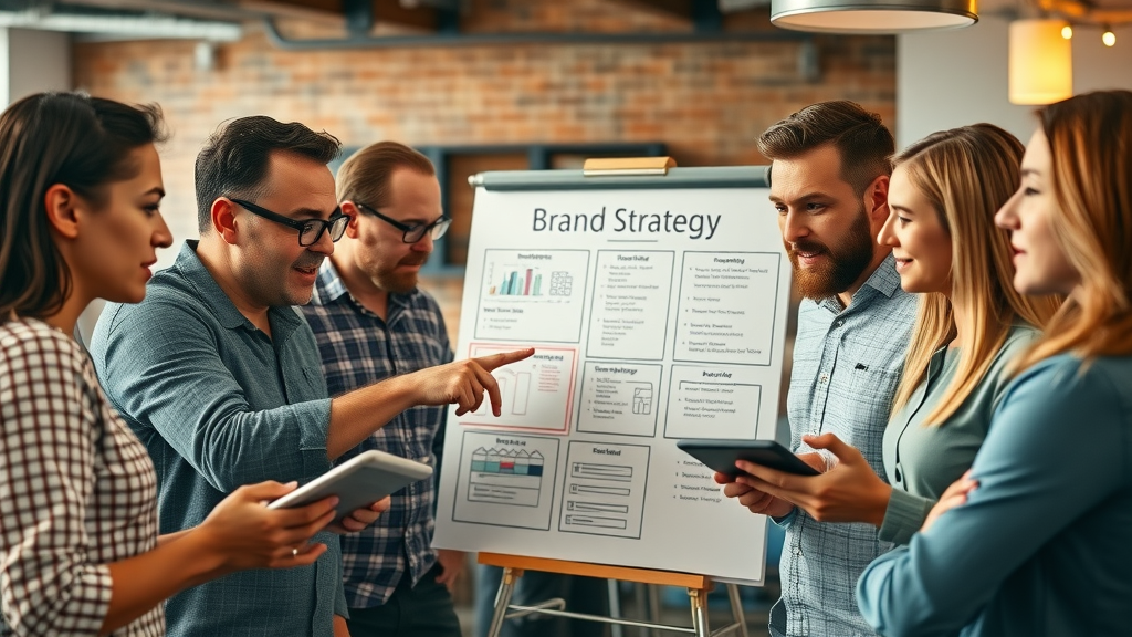 creative team discussing brand strategy canvas in agency, brainstorming notes, digital tablets, expressive faces, brand story and identity