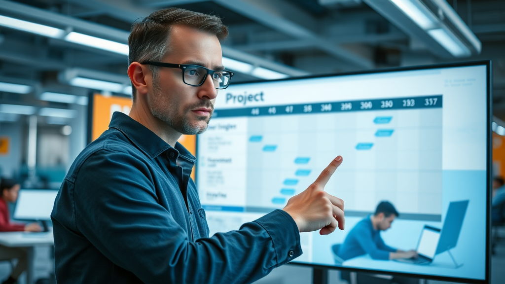 project manager reviewing brand strategy implementation plan, Gantt chart, startup teams working, brand development