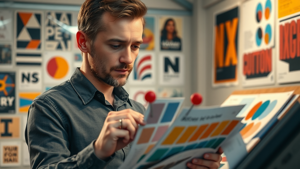 designer examining color palettes and typography for brand identity, concentrated, mood boards, company branding