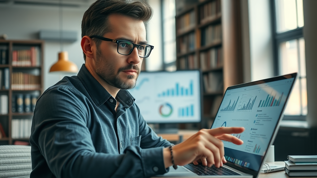 marketer analyzing demographic data, graphs and personas on laptop screen, understanding target audience for brand strategy