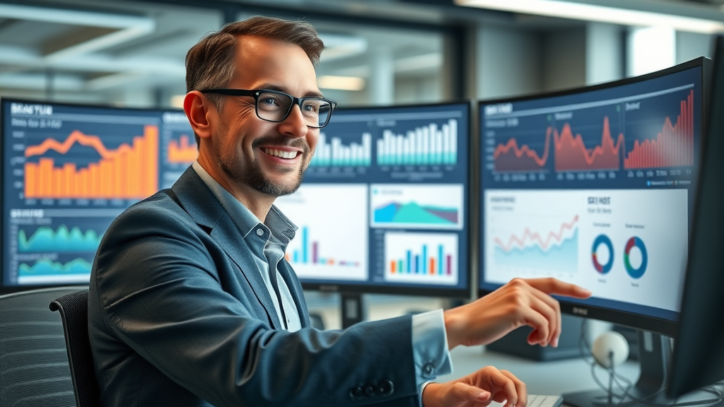 business analyst reviewing brand metrics dashboard, positive graphs, customer loyalty, brand equity analysis