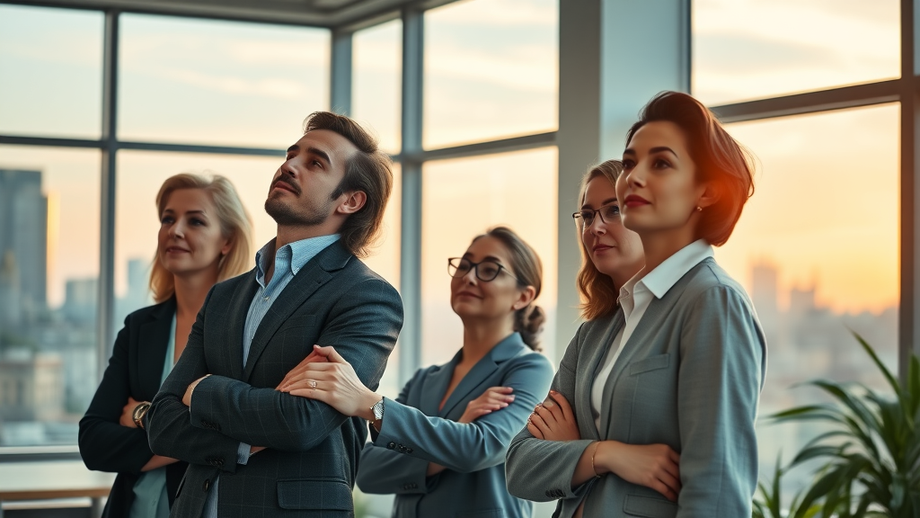 business owners looking optimistic toward future, modern workspace, city skyline, brand strategy transformation