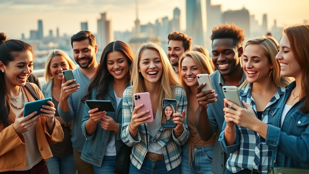 Diverse set of social media influencers engaging with followers on an urban rooftop during golden hour